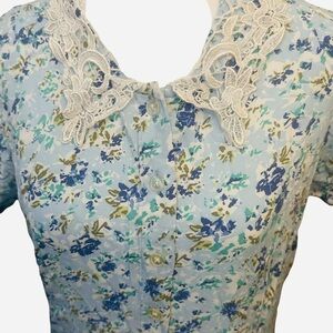 VTG 90s Floral Milkmaid Maxi Dress Lace Collar Button-Up Prairie CottageCore Sz8